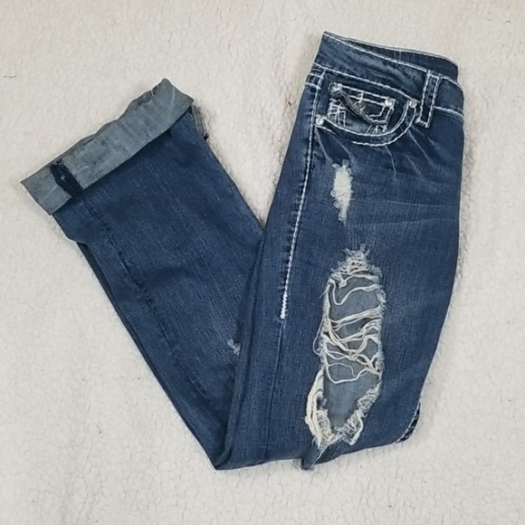 LA Idol USA Embellished Boot Cut Distressed Jeans - Picture 8 of 9